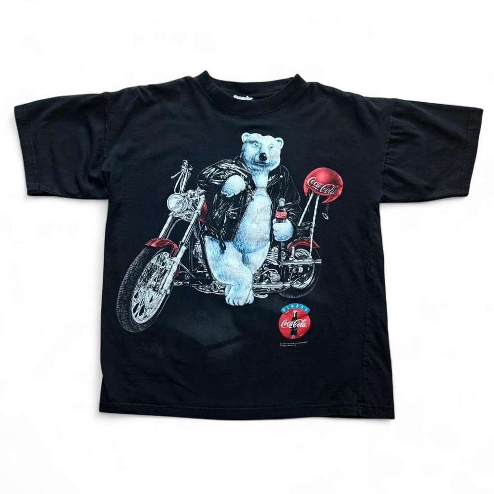 Vintage 1997 Coca Cola Polar Bear Motorcycle Biker T-shirt Medium 20x24